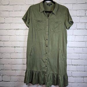ARMY GREEN SHIRT DRESS RUFFLED HEM BUTTON FRONT COTTON SIZE SMALL VELVET HEART